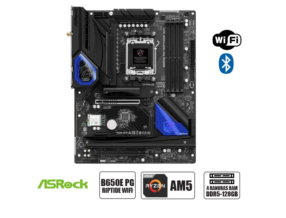 PLACA MADRE ASROCK B650E PG RIPTIDE WIFI, PARA PROCESADORES AMD RYZEN AM5, 4 RANURAS DE MEMORIA DDR5 HASTA 128GB BUSS 6600 (90-MXBL00-A0UAYZ)