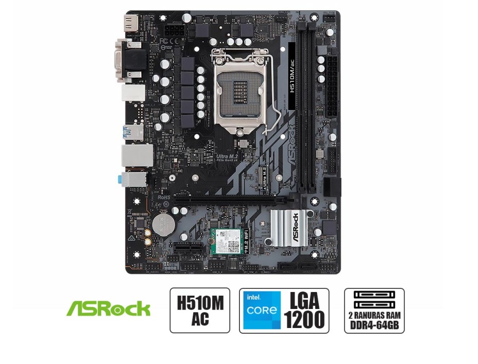PLACA MADRE ASROCK H510M AC, PARA PROCESADORES INTEL LGA 1200, 2 RANURAS DE MEMORIA DDR4 HASTA 64GB, 10MA Y 11VA GENERACION (90-MXBFU0-A0UAYZ)