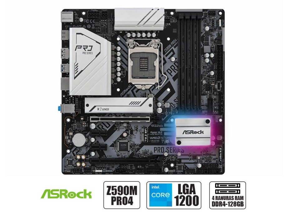 PLACA MADRE ASROCK Z590M PRO4, PARA PROCESADORES INTEL LGA 1200, 4 RANURAS DE MEMORIA DDR4 HASTA 128GB BUSS 3200 MHZ, 10MA 11VA GEN (90-MXBEP0-A0UAYZ)