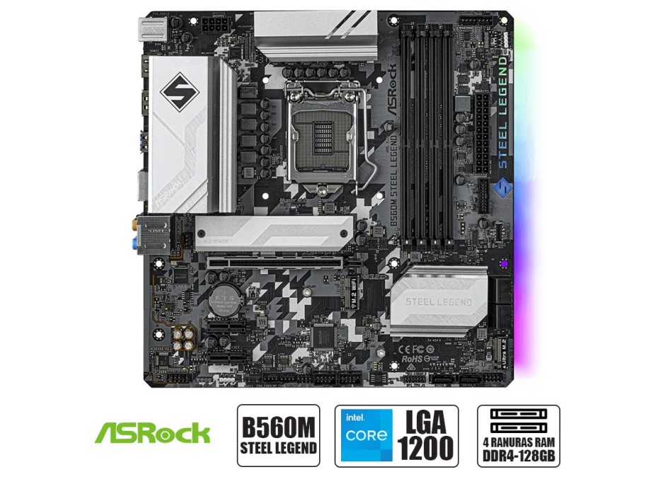 PLACA MADRE ASROCK B560M STEEL LEGEND, PARA PROCESADORES INTEL LGA 1200, 4 RANURAS DE MEMORIA DDR4 HASTA 128GB BUSS 3200 MHZ, 10 11G(90-MXBFA0-0AUAYZ)