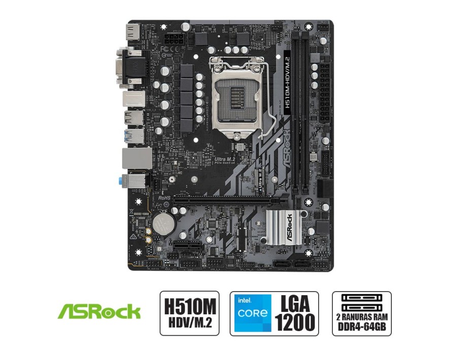 PLACA MADRE ASROCK H510M-HDV/M.2, PARA PROCESADORES INTEL LGA 1200, 2 RANURAS DE MEMORIA DDR4 HASTA 64GB BUSS 3200 MHZ, 10MA 11VA GE(90-MXBFT0-A0UAYZ)