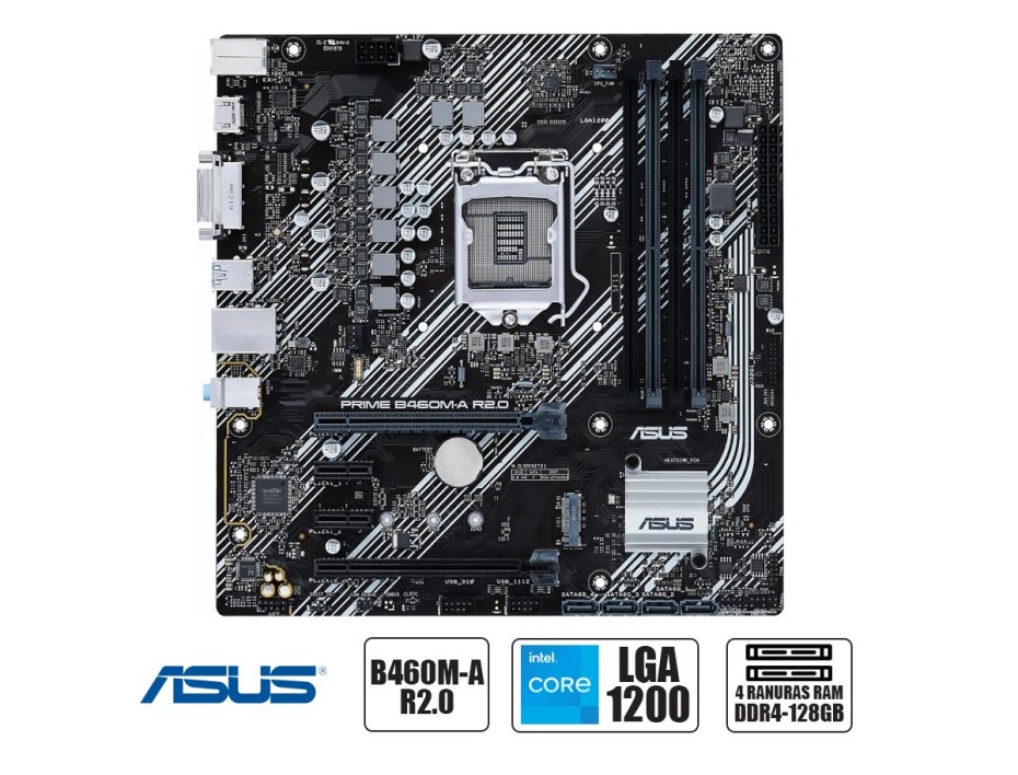 PLACA MADRE ASUS PRIME B460M-A R2.0, PARA PROCESADORES INTEL LGA 1200, 4 RANURAS DE MEMORIA DDR4 HASTA 128GB BUSS 2933 MHZ, 10MA 11GE(90MB18A0-M0EAYO)