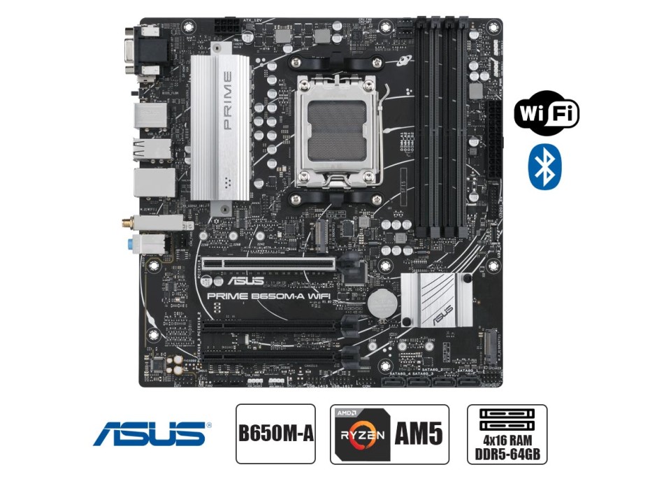 PLACA MADRE ASUS B650M-A WIFI, PARA PROCESADORES AMD RYZEN AM5, 4X16 RANURAS DE MEMORIA DDR5 HASTA 64 GB BUSS 4800 MHZ, SERIE 7000(90MB1C00-M0EAY0)