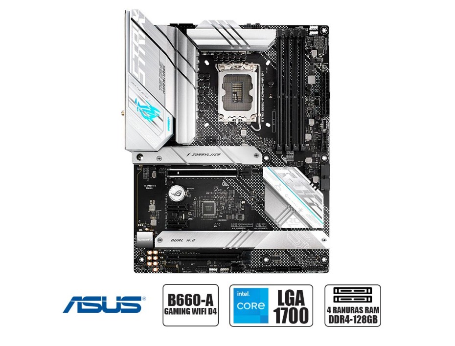 PLACA MADRE ASUS ROG STRIX B660-A GAMING WIFI D4, PARA PROCESADORES INTEL LGA1700,4 RANURAS DE MEMORIA DDR4 HASTA 126GB BUSS 3200MHZ (90MB18S0-M0EAY0)