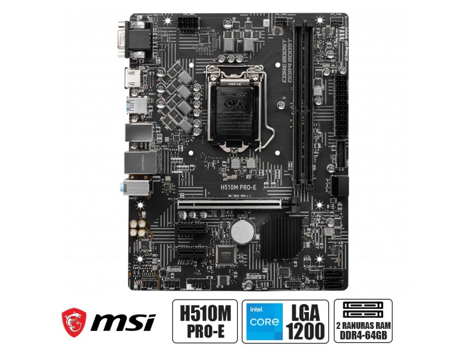 PLACA MADRE MSI H510M PRO-E, PARA PROCESADORES INTEL LGA 1200, 2 RANURAS DE MEMORIA DDR4 HASTA 64GB BUSS 3200 MHZ, 11VA GENE. (911-7D23-004)