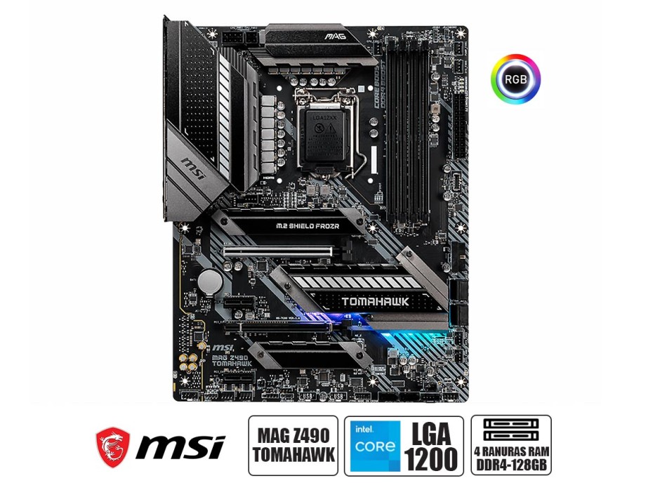 PLACA MADRE MSI MAG Z490 TOMAHAWK, PARA PROCESADORES INTEL LGA 1200, 4 RANURAS DE MEMORIA DDR4 128GB BUSS 2133 MHZ, 10MA GEN. (911-7C80-015)
