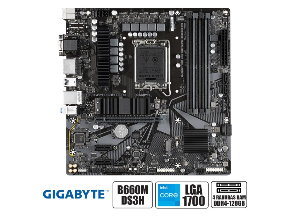 PLACA MADRE GIGABYTE B660M DS3H, PARA PROCESADORES INTEL LGA 1700, 4 RANURAS DE MEMORIA DDR4 HASTA 1428GB BUSS 3200 MHZ, 13VA GEN. (B660M DS3H DDR4 G1