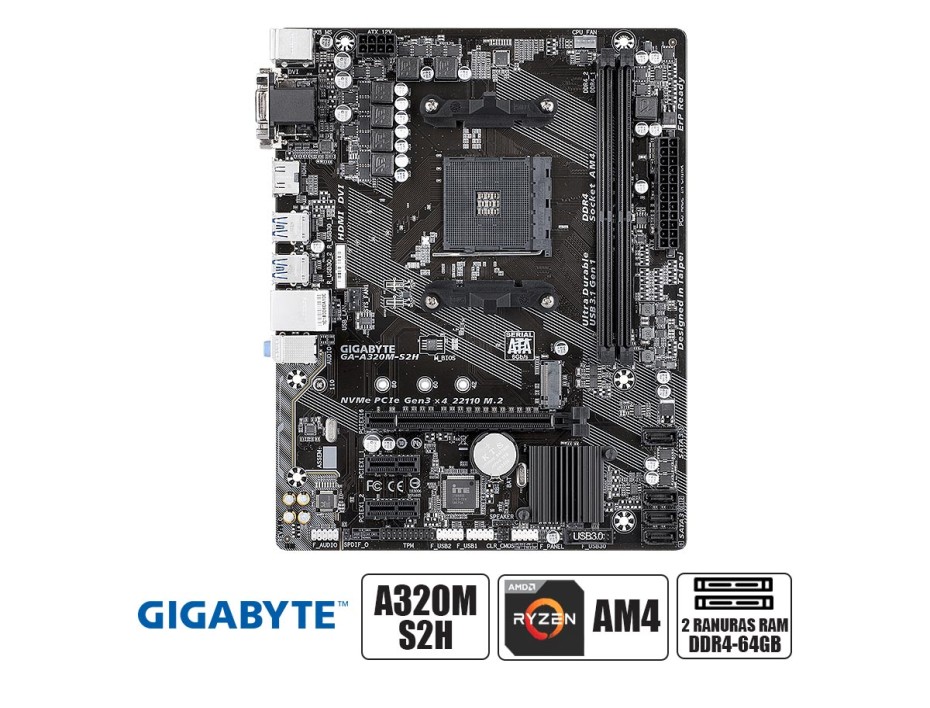 PLACA MADRE GIGABYTE A320M-S2H, PARA PROCESADORES AMD RYZEN AM4, 2 RANURAS DE MEMORIA DDR4 HASTA 64BITS BUSS 2133 MHZ, G-3000 G-5000 (GA-A320M-S2H)
