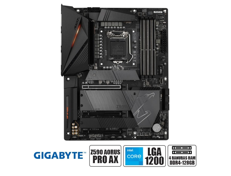 PLACA MADRE GIGABYTE Z590 AORUS PRO AX, PARA PROCESADORES INTEL LGA 1200, 4 RANURAS DE MEMORIA DE 128GB BUSS 3200 MHZ, 10 Y 11VA GE(Z590 AORUS PRO AX)