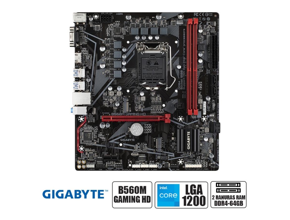 PLACA MADRE GIGABYTE B560M GAMING HD, PARA PROCESADORES INTEL LGA 1200, 2 RANURAS DE MEMORIA DDR4 HASTA 64GB BUSS 3200 MHZ, 11VA GEN (B560M GAMING HD)