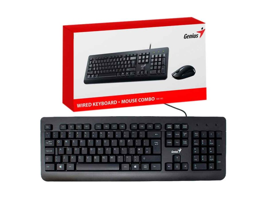 COMBO 2 EN UNO GENIUS KM-160, TECLADO EN FORMA CONCAVAS, MOUSE 3 BOTONES SENSOR 1000 DPI, INTERFAZ USB, COLOR NEGRO (31330001414)