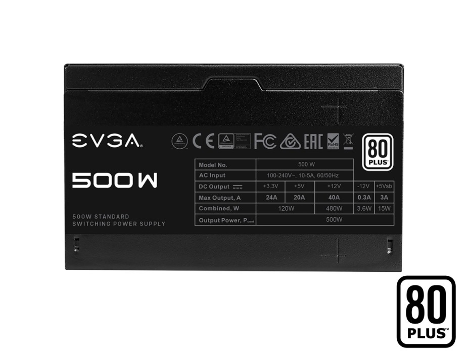 FUENTE DE PODER EVGA 500W ATX, 80 PLUS, WHITE, NO MODULAR, COLOR NEGRO (100-W1-0500-KR)