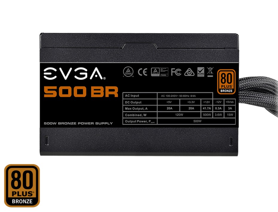FUENTE DE PODER EVGA 500W ATX, BRONZE 80 PLUS BR, NO MODULAR, COLOR NEGRO (100-BR-0500-K1)