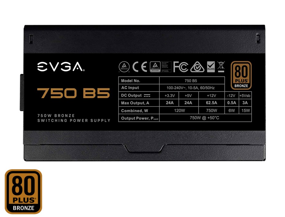 FUENTE DE PODER EVGA 750W ATX, BRONZE 80 PLUS, B5 MODULAR, COLOR NEGRO (220-B5-0750-V1)