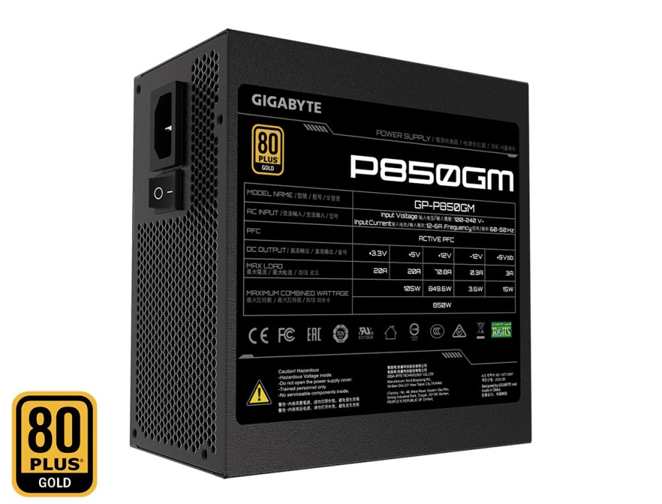 FUENTE DE PODER GIGABYTE 850W ATX, GOLD 80 PLUS, MODULAR, COLOR NEGRO (GP-P850GM)