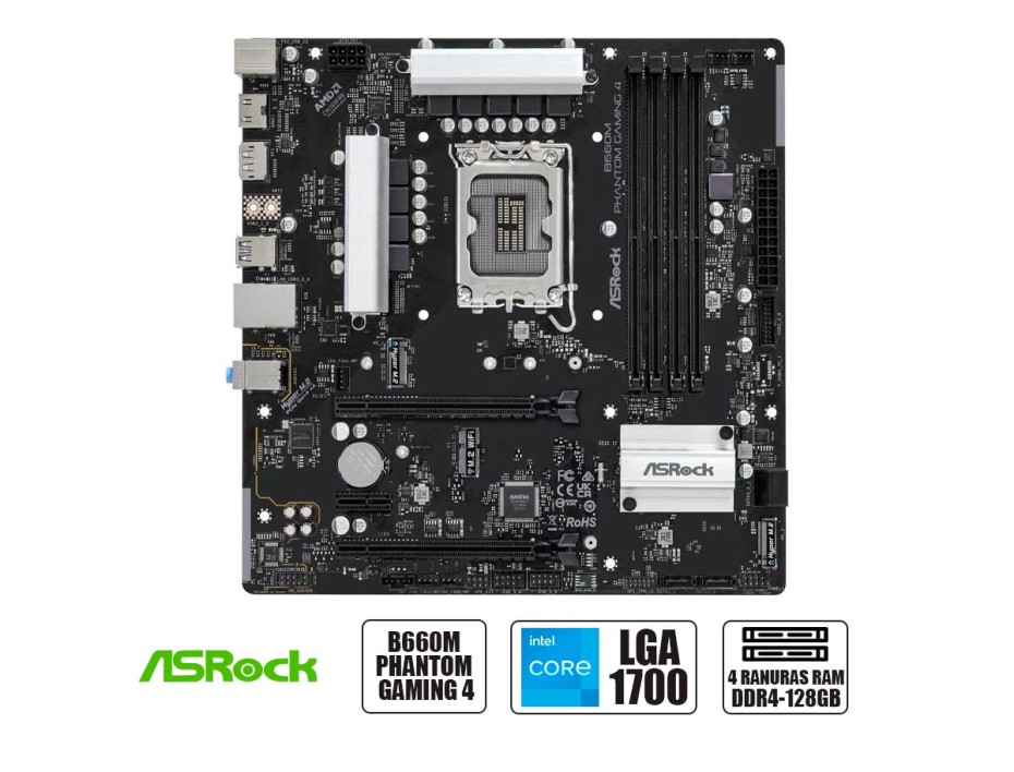 PLACA MADRE ASROCK B660M PHANTOM GAMING 4, PARA PROCESADORES INTEL LGA 1700, 4 RANURAS DE MEMORIA DDR4 HASTA 128GB BUSS 3200 MHZ (B660M PHNATOM G4)