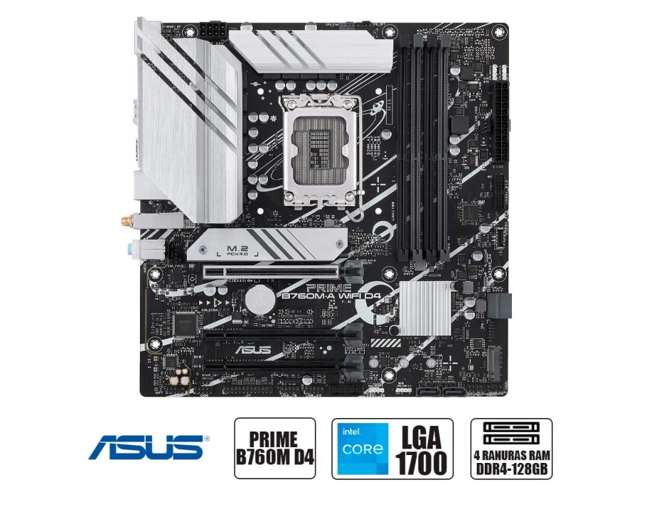 PLACA MADRE ASUS PRIME B760M D4, PARA PROCESADORES INTEL LGA 1700, MEMORIA DDR4 DE 4GB HASTA 128GB BUSS 5333 MHZ (90MB1D00-M0AYY0)