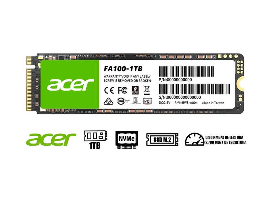 DISCO SOLIDO SSD M.2 PCIE ACER 1TB FA100 2280, GEN3X4, NVME, UNIDAD INTERNA DE ESTADO SOLIDO, PARA PC, LAPTOP, LECTURA 3300MB/S (BL.9BWWA.120)