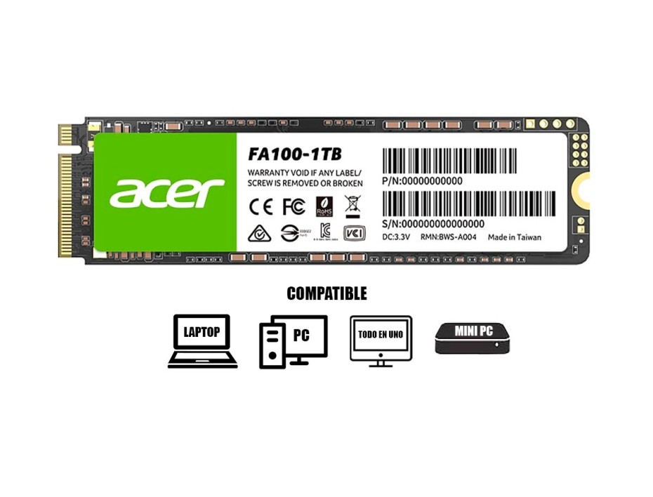 DISCO SOLIDO SSD M.2 PCIE ACER 1TB FA100 2280, GEN3X4, NVME, UNIDAD INTERNA DE ESTADO SOLIDO, PARA PC, LAPTOP, LECTURA 3300MB/S (BL.9BWWA.120)