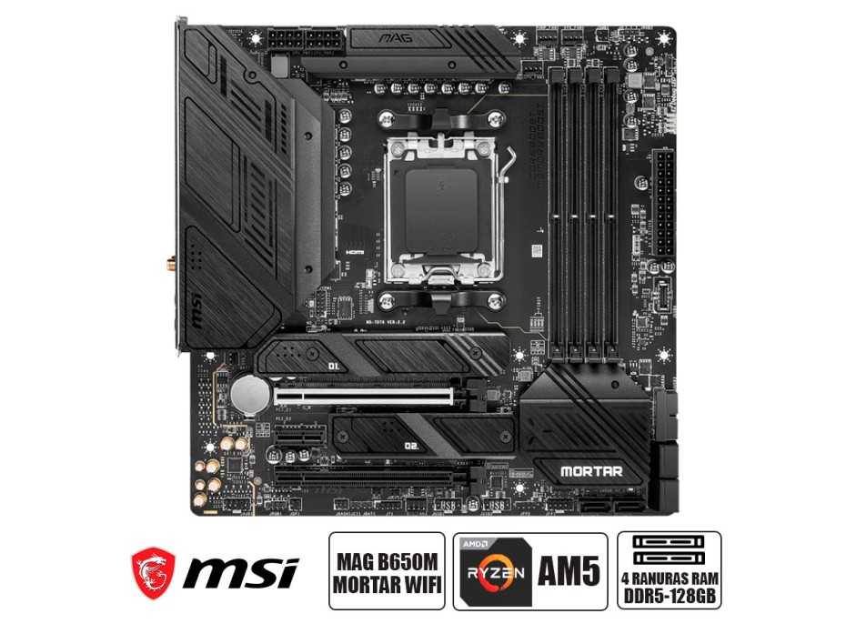 PLACA MADRE MSI B650M MORTAR WIFI, MAG, PARA PROCESADORES RYZEN AM5, 4 RANURAS DE MEMORIA DDR5 HASTA 128 GHZ BUSS 6400+OC, SERIE 7000 (911-7D76-001)