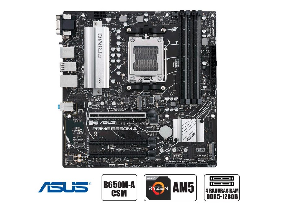 PLACA ASUS PRIME B650M-A-CSM, PARA PROCESADORES AMD RYZEN AM5, 4 RANURAS DE MEMORIA DDR5 HASTA 128GB BUSS  5600 OC, SERIES 7000 (PRIME B650M-A-CSM DD)