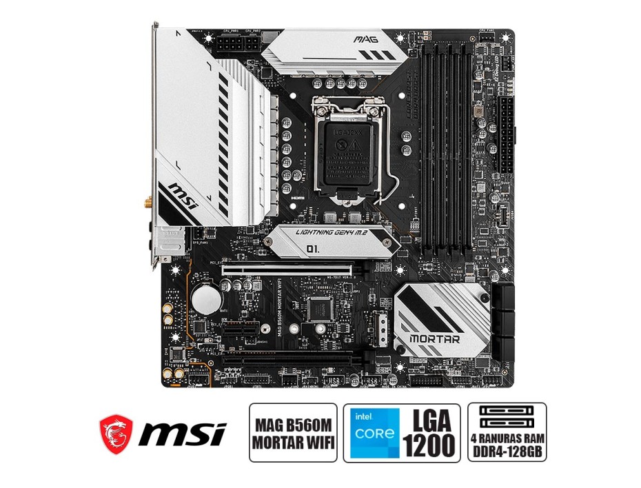 PLACA MADRE MSI MAG B560M MORTAR WIFI, PARA PROCESADORES INTEL LGA 1200, 4 RANURAS DE MEMORIA DDR4 HASTA 128 GHZ BUSS 2133 MHZ (MAG B560M MORTAR WIFI)