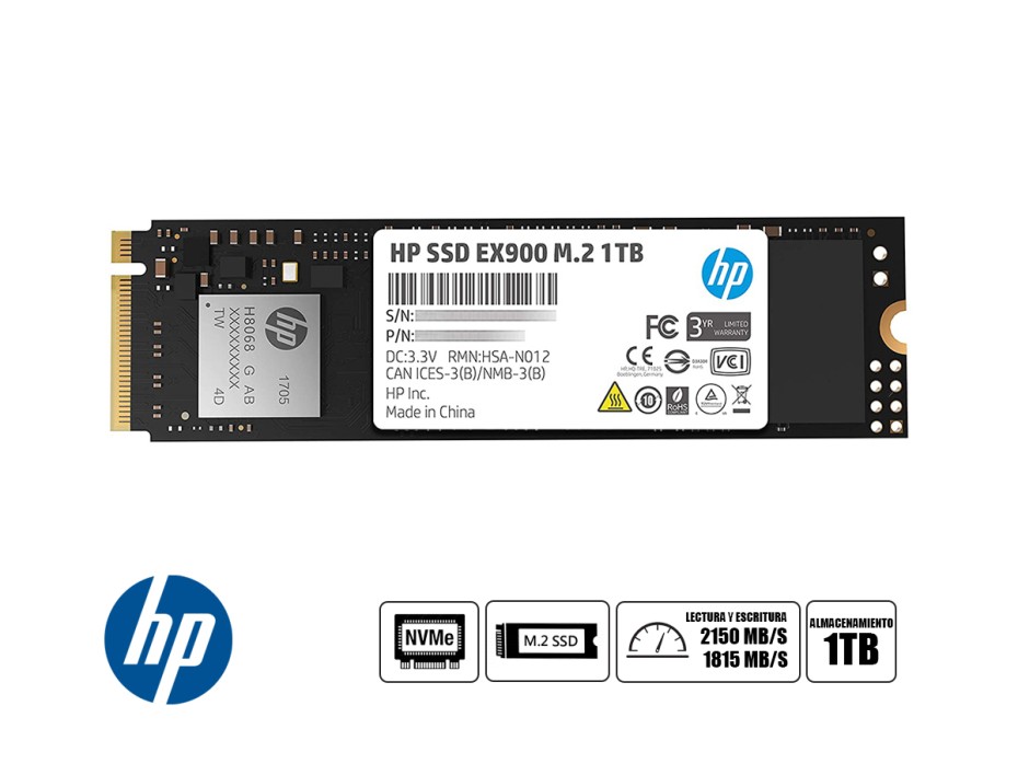 DISCO SOLIDO SSD M.2 PCIE HP 1TB 2280 EX900 GEN3X4, NVME, UNIDAD INTERNA DE ESTADO SOLIDO, PARA PC, LAPTOP, LECTURA 2100 MB/S ( 5XM46AA#ABB )