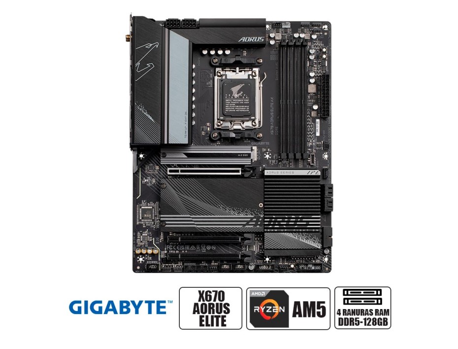 PLACA MADRE GIGABYTE X670 AORUS ELITE AX G10, PARA PROCESADORES AMD RYZEN AM5, 4 RANURAS DE MEMORIA DDR5 HASTA 128GB BUSS 4800 MHZ (X670 AORUS ELITEA