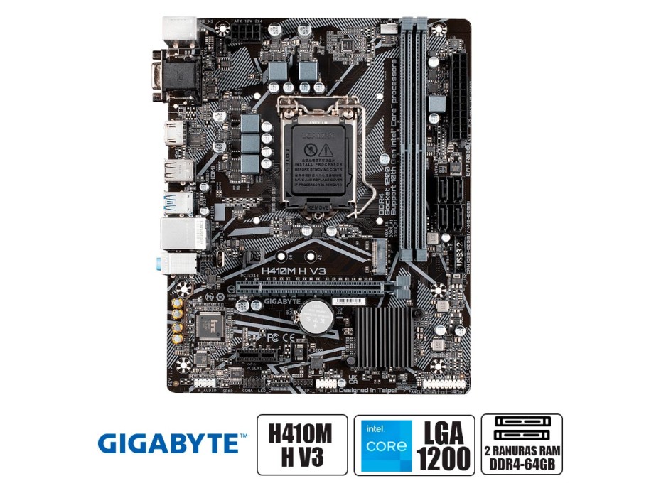 PLACA MADRE GIGABYTE H410M H V3, PARA PROCESADORES INTEL LGA 1200, 2 RANURAS DE MEMORIA DDR4 HASTA 64GB BUSS 2933 MHZ, 10MA 9VA A MAS GEN.(H410M H V3)