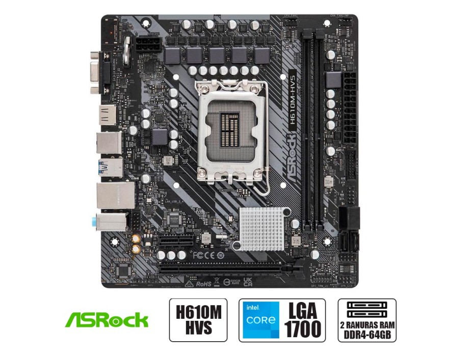 PLACA MADRE ASROCK H610M-HVS, PARA PROCESADORES INTEL LGA 1700, 2 RANURAS DE MEMORIA DDR4 HASTA 64GB BUSS 3200 MHZ, 12VA 13 VA GEN. (90-MXBHT0-A0UAYZ)