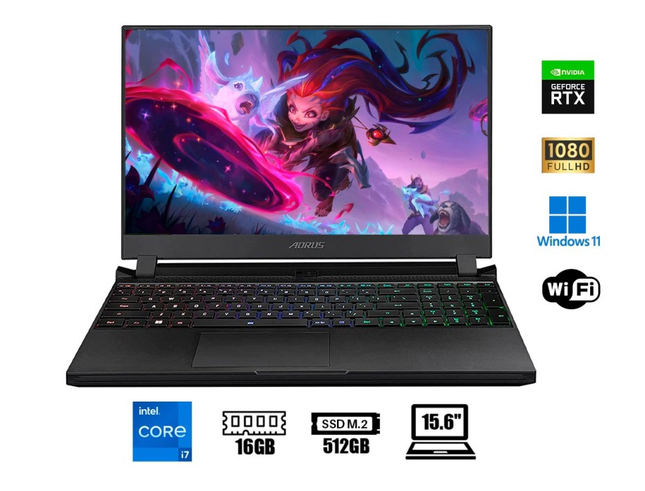 LAPTOP GIGABYTE CORE I7 12700H AORUS 5 SE4, PANTALLA 15.6 FHD 144HZ,RAM 16GB (2X8),SSD M.2 512GB, VIDEO 3070 8GB NVIDIA, WI11 H (AORUS5SE4-73LA513SH )