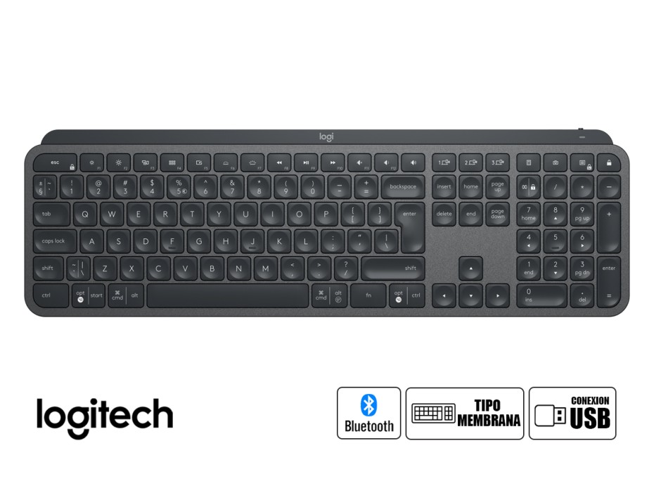 TECLADO LOGITECH INALAMBRICO MX KEYS, CON SENSOR DE RETROILUMINACION Y SENSORES DE LUZ AMBIENTAL, RECARGABLE POR PUERTO USB-C, COLOR NEGRO(920-009296)