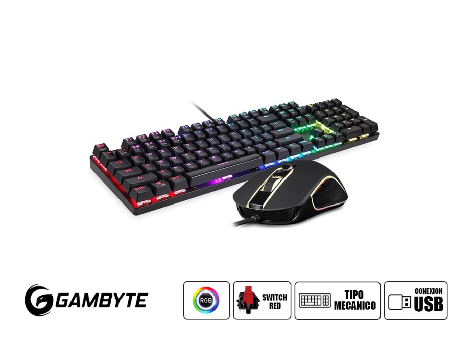COMBO 2 EN UNO GAMBYTE REXAR G, TECLADO MECANICO GAMING SWITCH RED CON RETROILUMINACION RGB, MOUSE SENSOR HASTA 2400 DPI, BLACK (GI-REXARG V2.0)