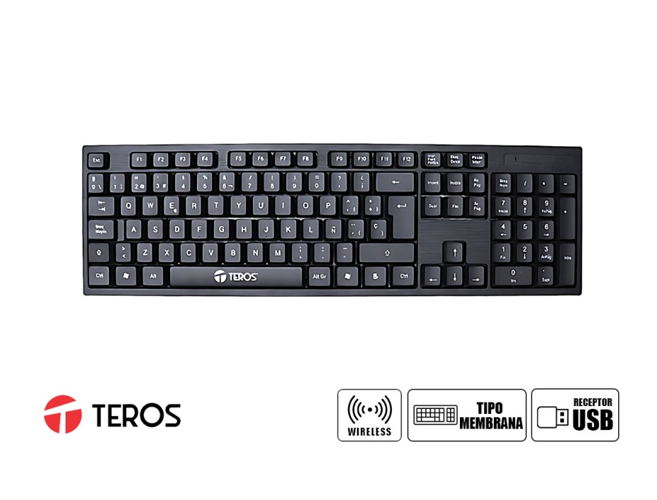 COMBO 2 EN UNO TEROS INALAMBRICO, TECLADO ESTANDAR, MOUSE 2 BOTONES SENSOR HASTA 1000 DPI, INTERFAZ USB, COLOR NEGRO (TE-4031N)