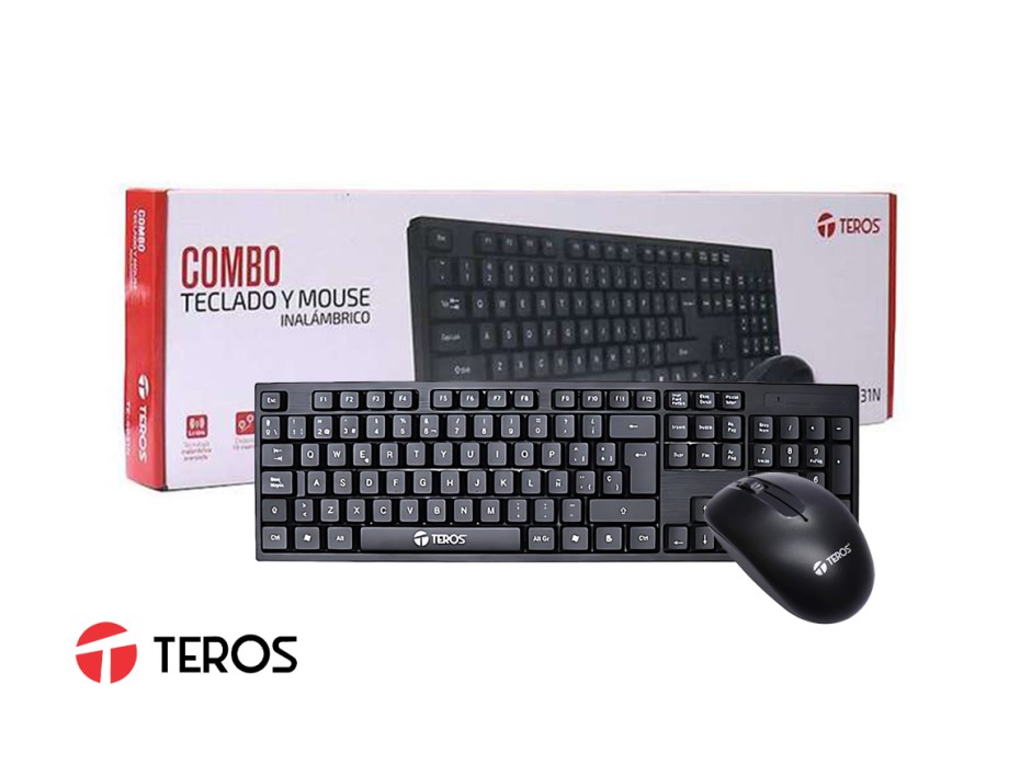 COMBO 2 EN UNO TEROS INALAMBRICO, TECLADO ESTANDAR, MOUSE 2 BOTONES SENSOR HASTA 1000 DPI, INTERFAZ USB, COLOR NEGRO (TE-4031N)
