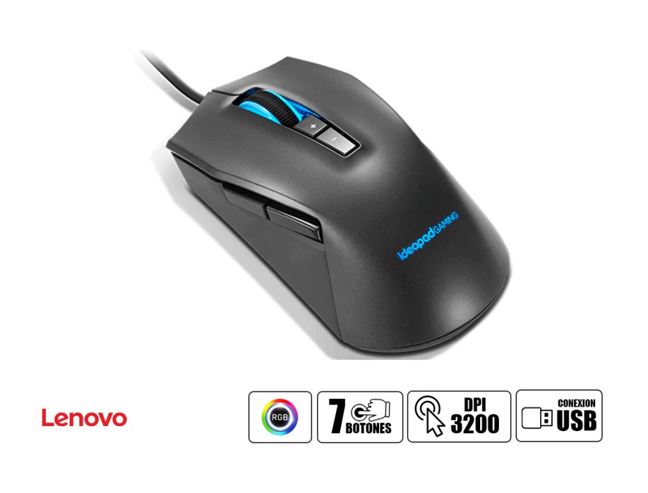MOUSE LENOVO IDEAPAD GAMING M100, SENSOR HASTA 3200DPI, ILUMINACION RGB, CON 7 BOTONES, CONEXION USB, COLOR NEGRO (GY50Z71902)