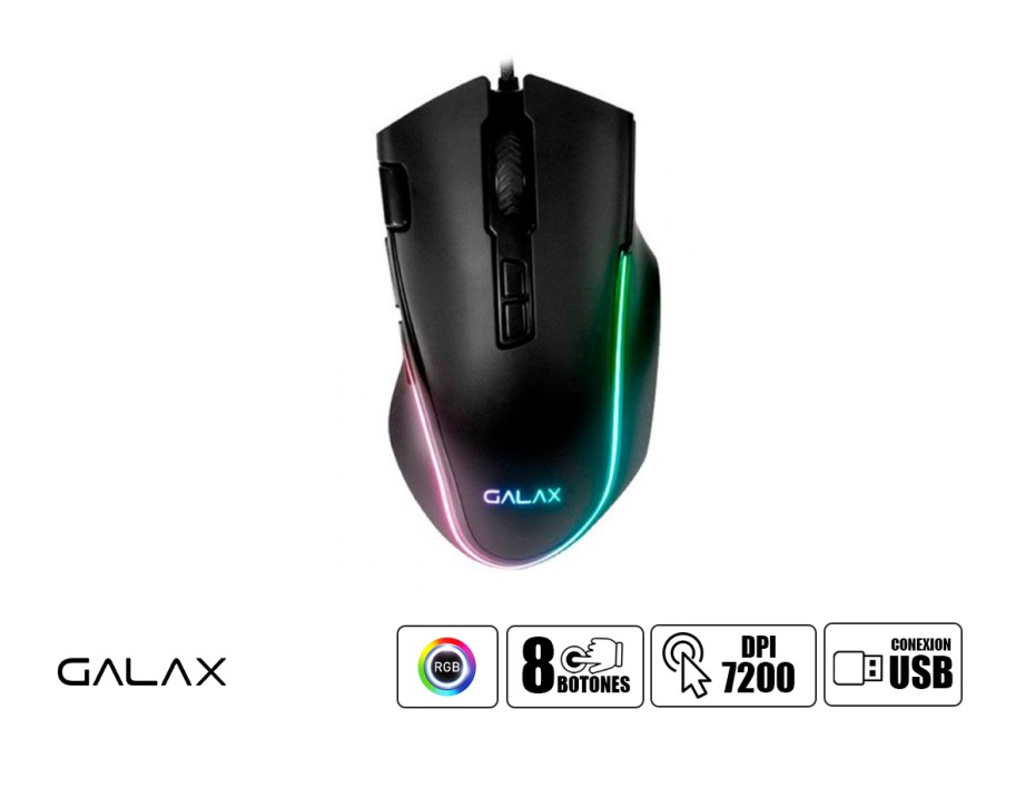 MOUSE GALAX SLIDER-01 GAMING, SENSOR HASTA 7200 DPI, ILUMINACION RGB, CON 8 BOTONES PROGRAMABLES, CONEXION USB, COLOR NEGRO (MGS011A18RG2B0)