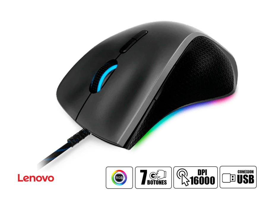 MOUSE LENOVO LEGION GAMING M500, SENSOR HASTA 16.000 DPI, ILUMINACION RGB, CON 7 BOTONES PROGRAMABLES, CONEXION USB, COLOR NEGRO (GY50T26467)