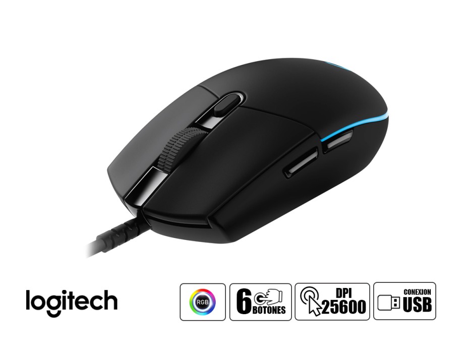 MOUSE LOGITECH G PRO GAMING, SENSOR HASTA 25.600 DPI, ILUMINACION RGB, CON 6 BOTONES PROGRAMABLES, COLOR NEGRO (910-005439)