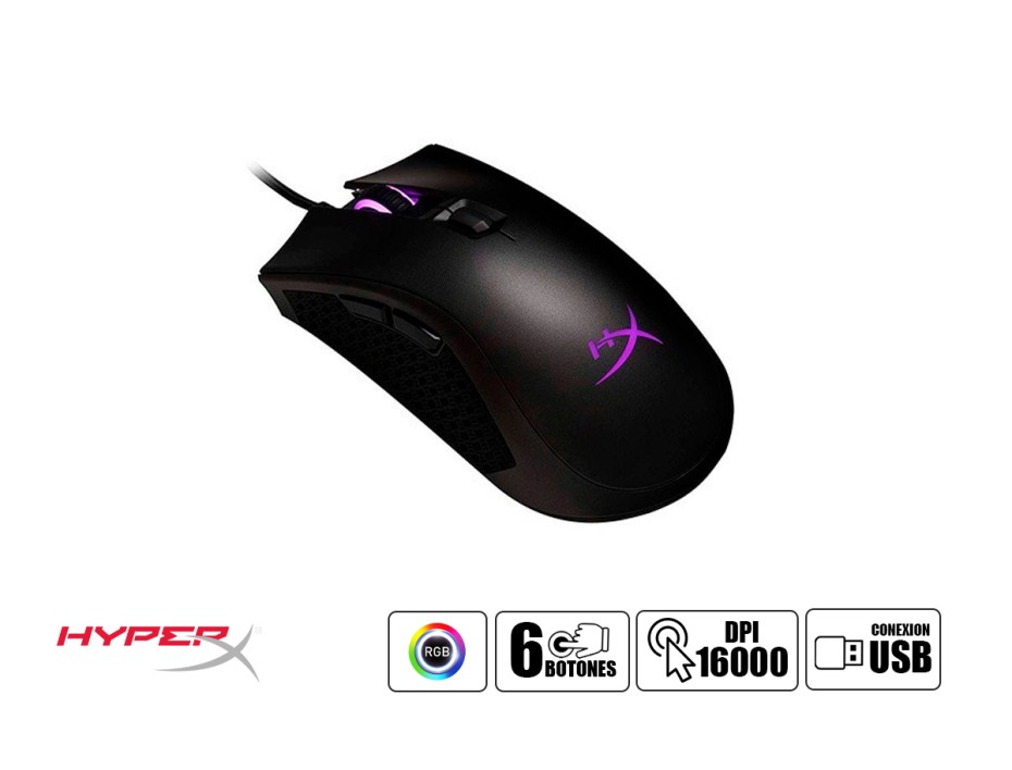 MOUSE HYPERX PULSEFIRE FPS PRO GAMING, SENSOR HASTA 16000 DPI, ILUMINACION RGB, CON 6 BOTONES PROGRAMABLES, CONEXION USB, COLOR NEGRO (HX-MC003B)