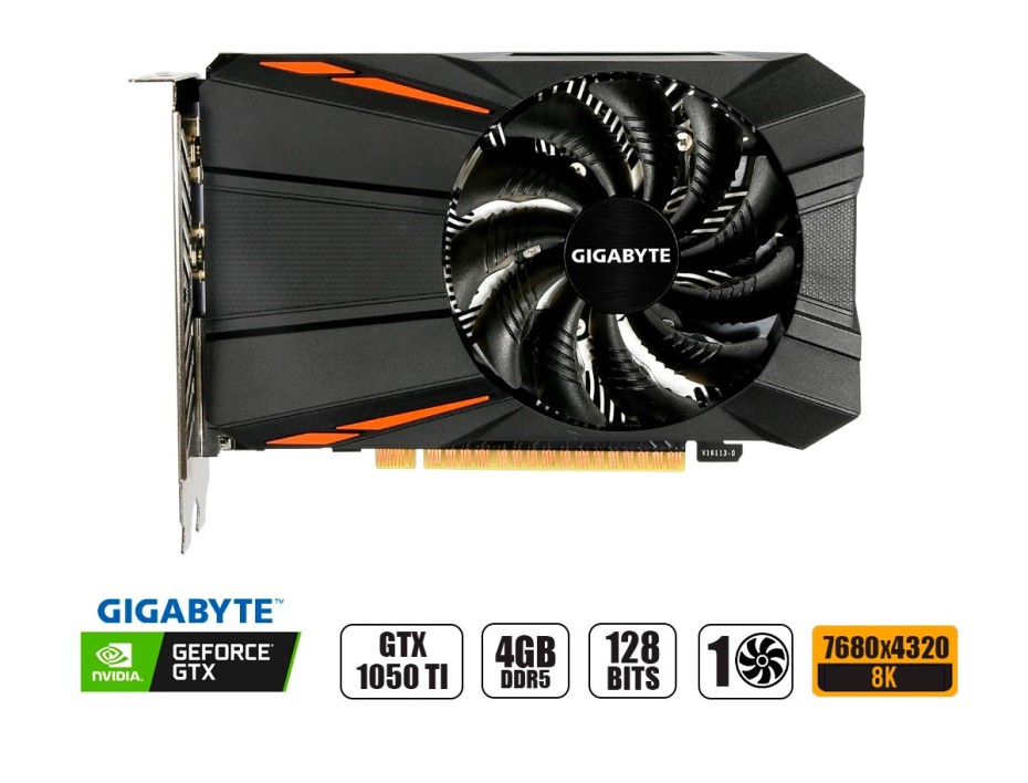 TARJETA DE VIDEO GIGABYTE GTX 1050 TI 4GB DDR5 GEFORCE NVIDIA 128 BITS, GRAFICO PARA VIDEOJUEGOS, 1 VENTILADOR  (GV-N105TD5-4GD)