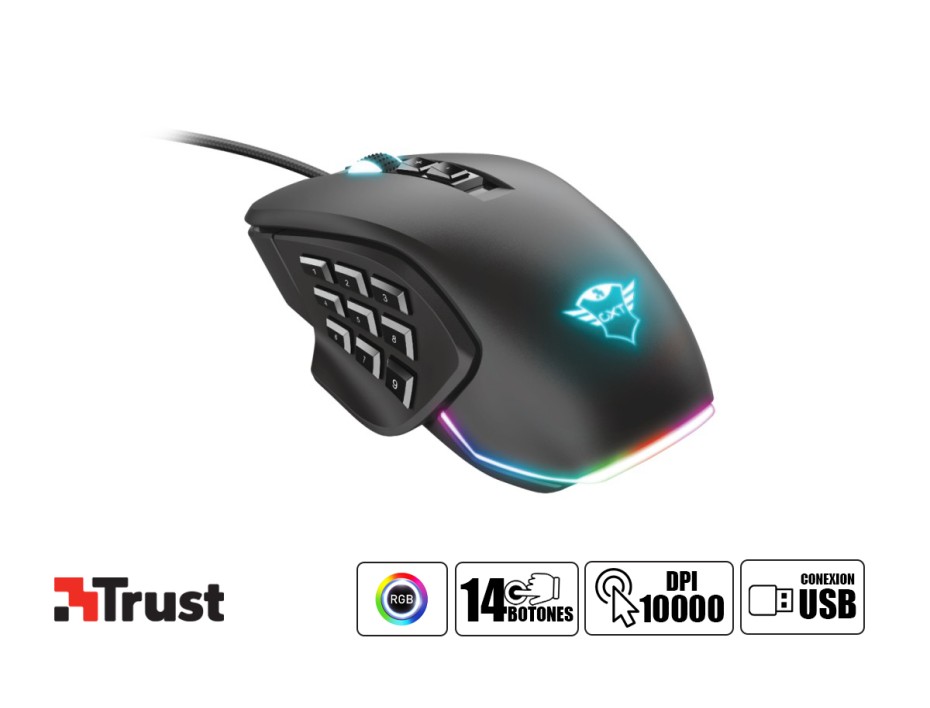 MOUSE TRUST GXT 970 MORFIX GAMING, SENSOR HASTA 10,000 DPI, IILUMINACION RGB, CON 14 BOTONES PROGRAMABLES, CONEXION USB, COLOR NEGRO (8713439237641)