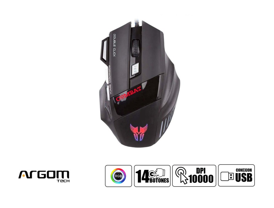 MOUSE ARGOMTECH COMBAT M542 GAMING, SENSOR HASTA 3200 DPI, ILUMINACION RGB, CON 7 BOTONES, CONEXION USB, COLOR NEGRO (ARG-MS-2042BK)