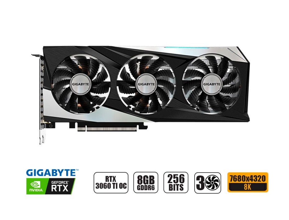 TARJETA DE VIDEO GIGABYTE RTX 3060 TI GAMING OC D6X 8GB GDDR6 (GV-N306TXGAMING OC-8GD) GEFORCE NVIDIA 256 BITS | 3 VENTILADORES
