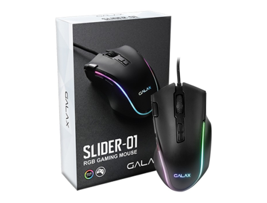 MOUSE GALAX SLIDER-01 GAMING, SENSOR HASTA 7200 DPI, ILUMINACION RGB, CON 8 BOTONES PROGRAMABLES, CONEXION USB, COLOR NEGRO (MGS011A18RG2B0)