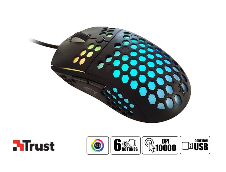 Mouse Trust Gxt960 Graphin Ultra Light Gaming, Sensor Hasta 10,000 Dpi, Iluminacion Rgb, Con 6 Botones, Conexion Usb, Color Negro (8713439237580)