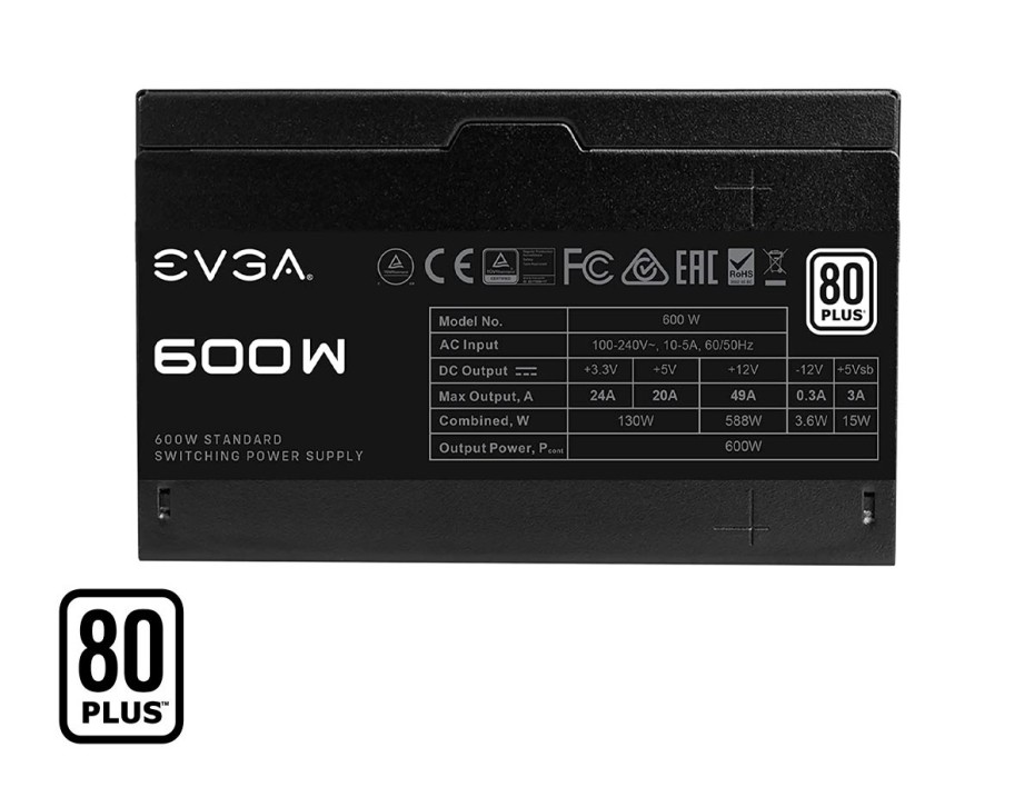 FUENTE DE PODER EVGA 600W ATX, 80 PLUS, WHITE, NO MODULAR, COLOR NEGRO (100-W1-0600-K1)