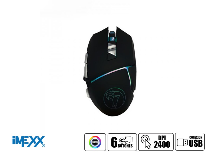 MOUSE IMEXX PYTHON GAMING, SENSOR HASTA 2400 DPI, ILUMINACION RGB, CON 6 BOTONES, CONEXION USB, COLOR NEGRO (IME-27260)