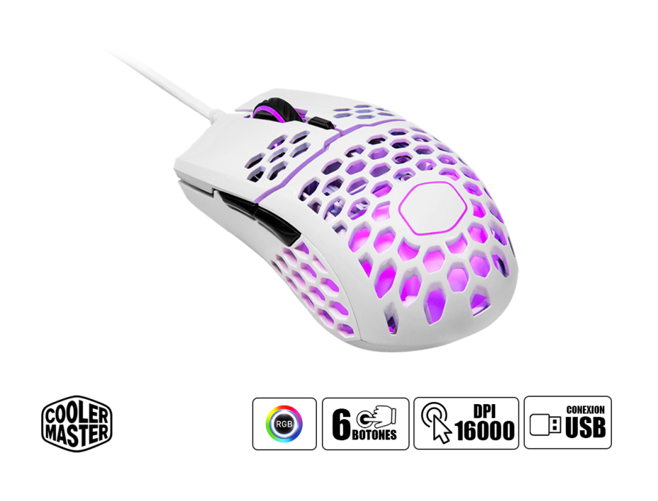 MOUSE COOLER MASTER MM711 GAMING, SENSOR HASTA 16000 DPI, ILUMINACION RGB, CON 6 BOTONES, CONEXION USB, COLOR BLANCO (MM-711-WWOL1)