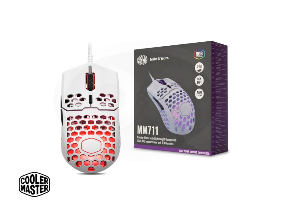 MOUSE COOLER MASTER MM711 GAMING, SENSOR HASTA 16000 DPI, ILUMINACION RGB, CON 6 BOTONES, CONEXION USB, COLOR BLANCO (MM-711-WWOL1)